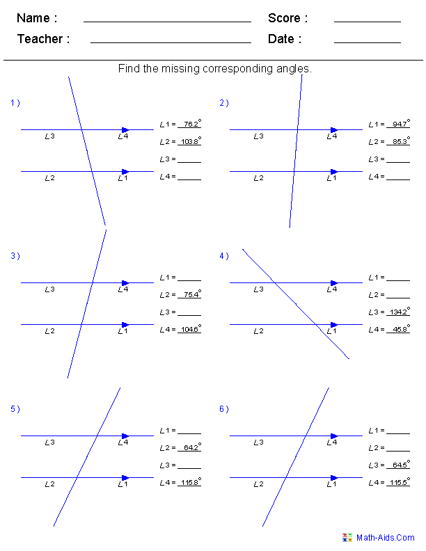 Corresponding Angles Geometry Worksheets