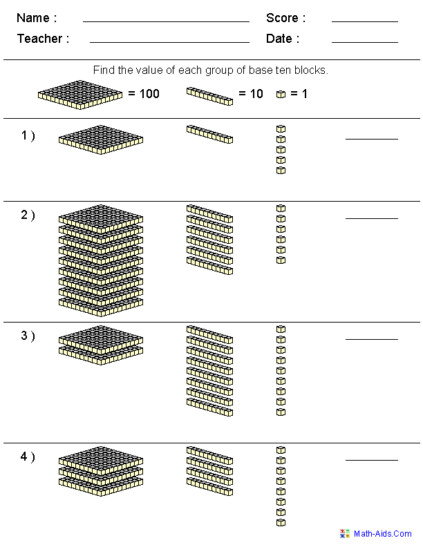 Base 10 Blocks Place Value Worksheets