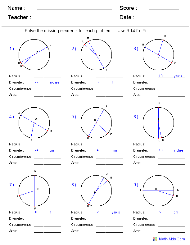 Geometry Worksheets | Circles Worksheets