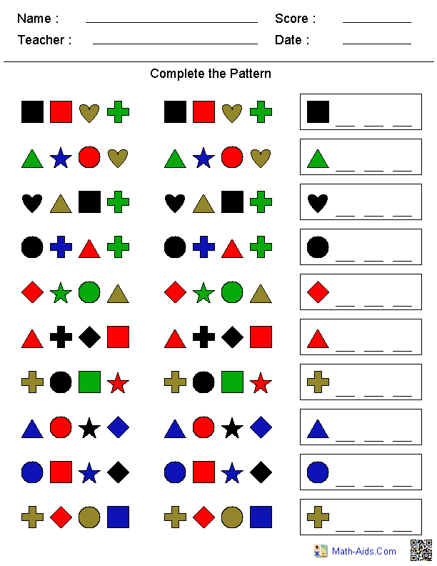 Complete the Pattern Kindergarten Worksheets