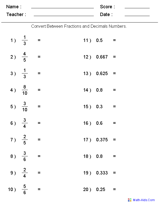 Conversion Fraction Worksheets