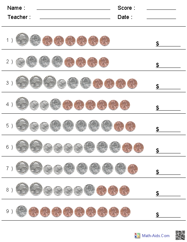 Custom Counting Coins Kindergarten Worksheets