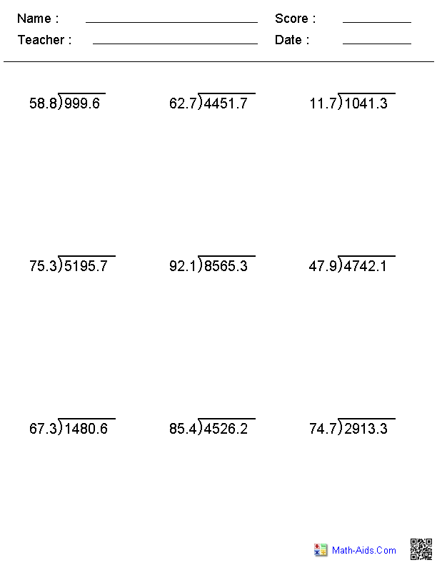 Decimal Divisor Division Worksheets