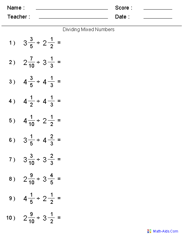 Divide Mixed Nums Fractions Worksheets
