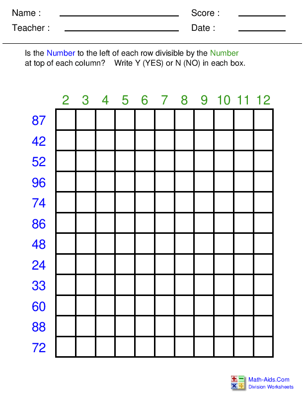 Division Chart With Answers