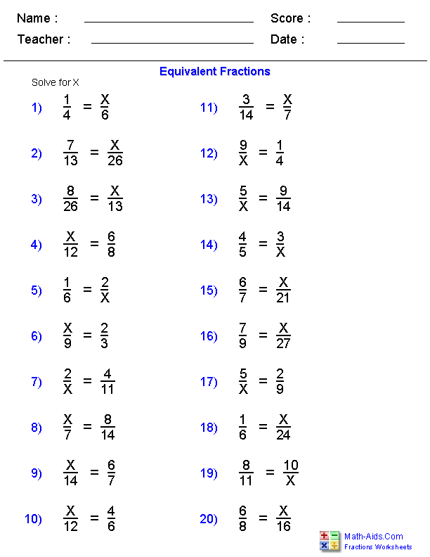 Equivalent Frac Probs Worksheets