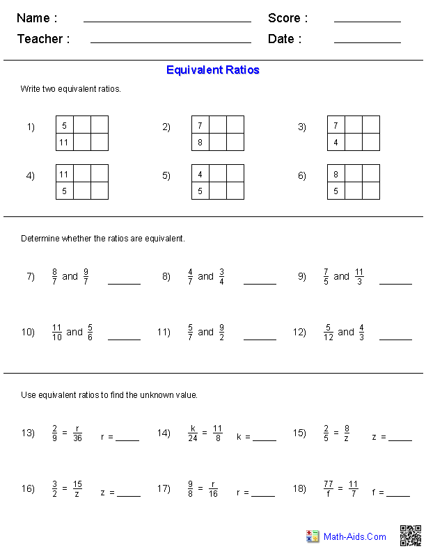 Equivalent Ratios Ratio Worksheets