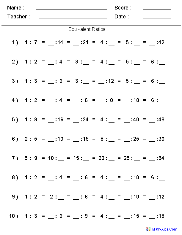 Rows of Equivalent Ratios Ratio Worksheets