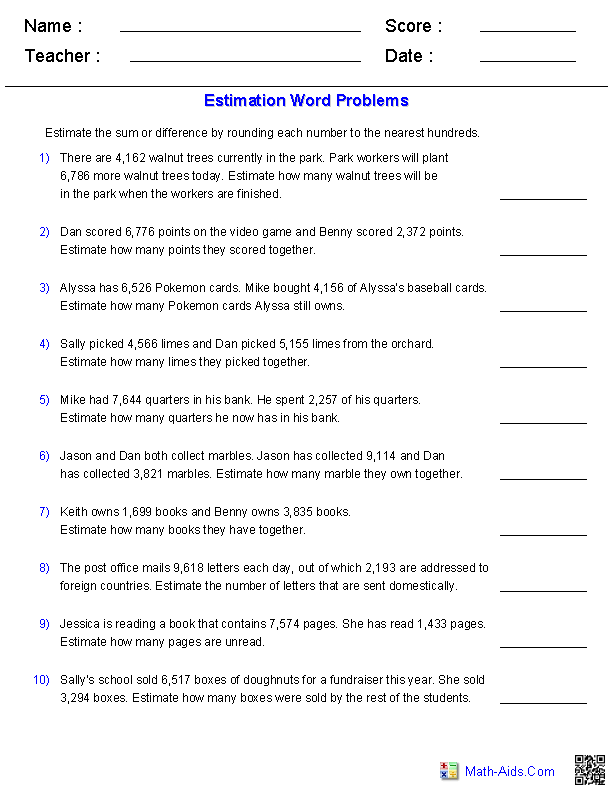 Sums and Differences 4 Digits Word Problems