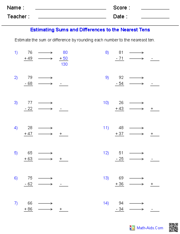 Estimation Worksheets (Addition and Subtraction)