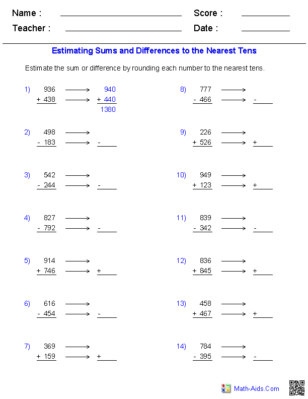 Sums and/or Differences 3 Digits with Rounding Guide Worksheets