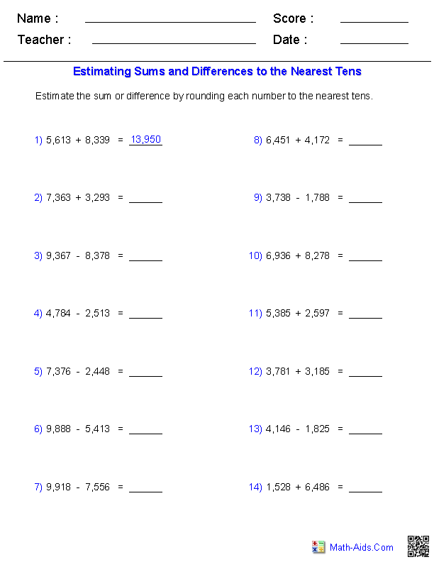 Sums and/or Differences 4 Digits Horizontal Format Worksheets