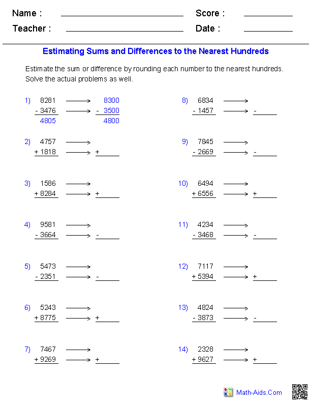Sums and/or Differences 4 Digits with Rounding Guide Worksheets