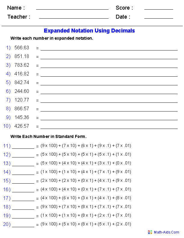 Expanded Notation Using Decimals Place Value Worksheets