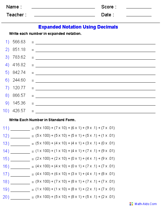 Printable Place Value Chart With Whole Numbers And Decimals