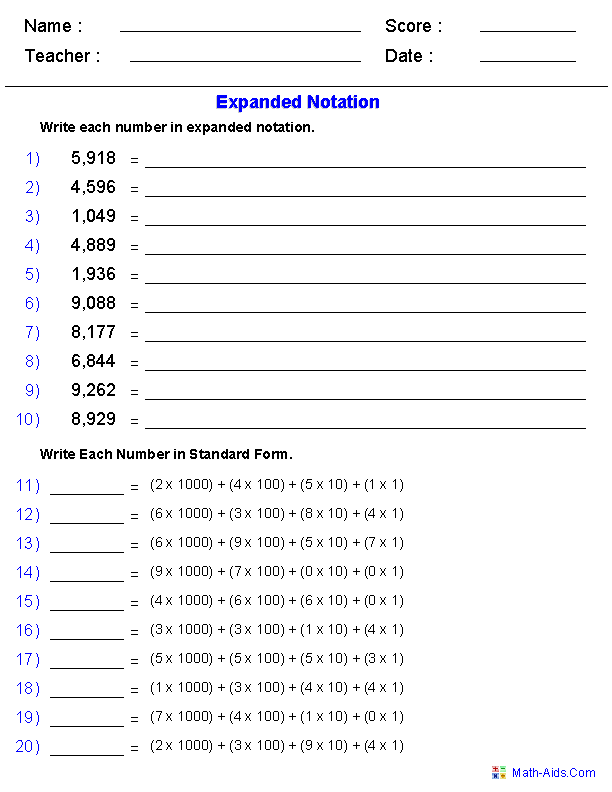 Expanded Notation Using Integers Place Value Worksheets
