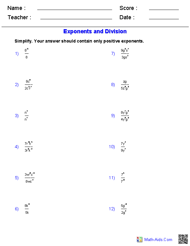 Exponents and Division Worksheets