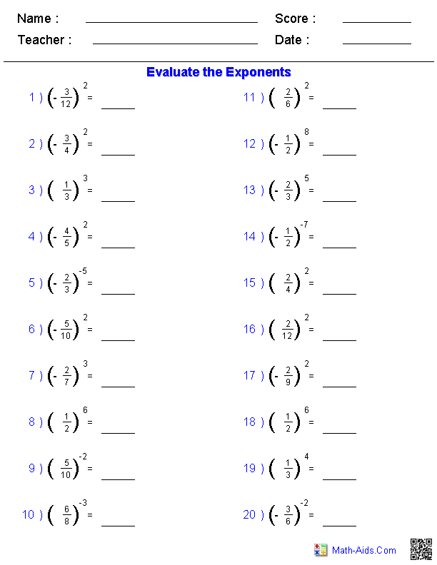 Fractions with Exponents Exponents & Radicals Worksheets