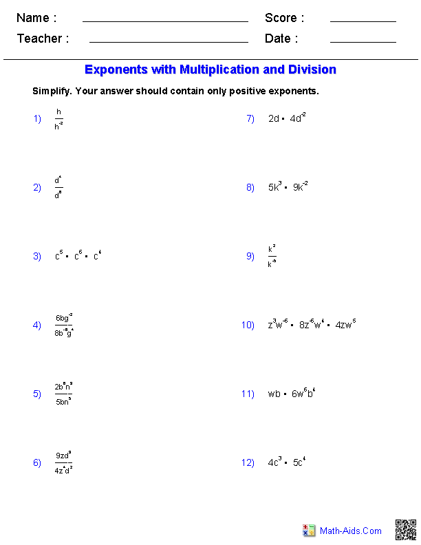 Exponents and Radicals Worksheets | Exponents & Radicals Worksheets for