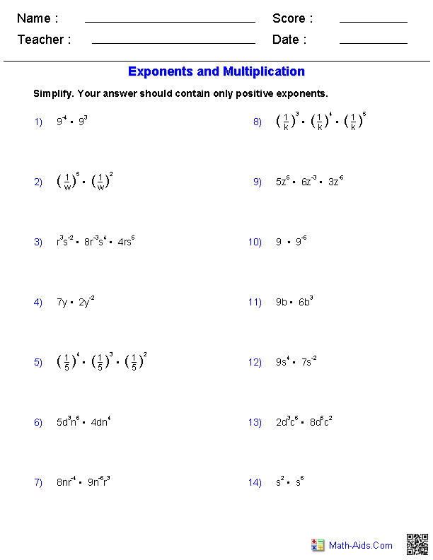 Exponents with Multiplication Exponents & Radicals Worksheets