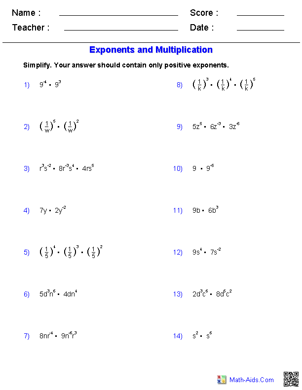 Algebra 1 Worksheets | Exponents Worksheets