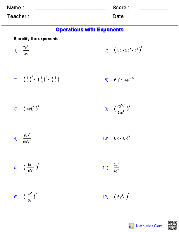 Operations with Exponents Exponents Worksheets