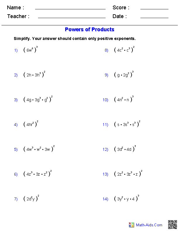 Algebra 1 Worksheets | Exponents Worksheets