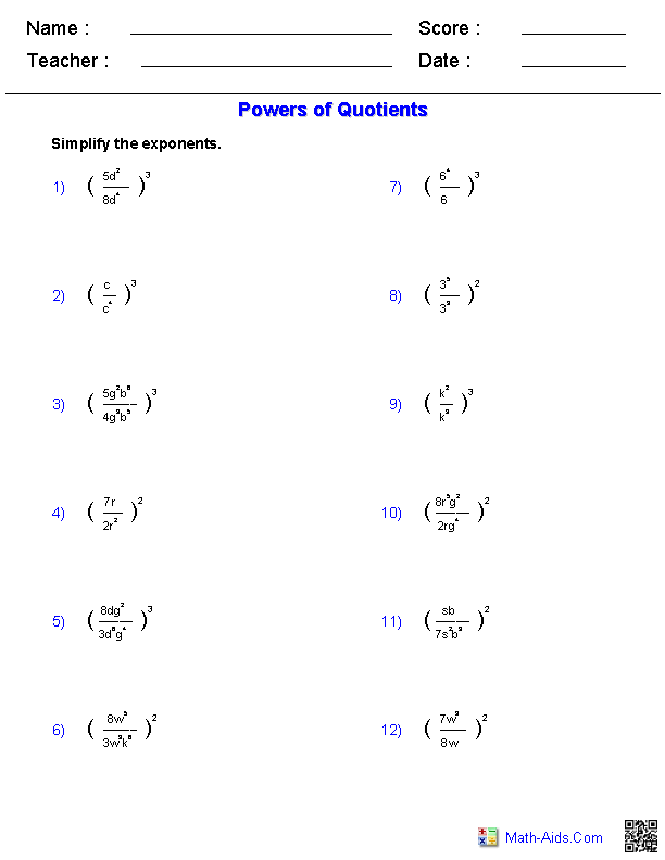 Powers of Quotients Exponents & Radicals Worksheets