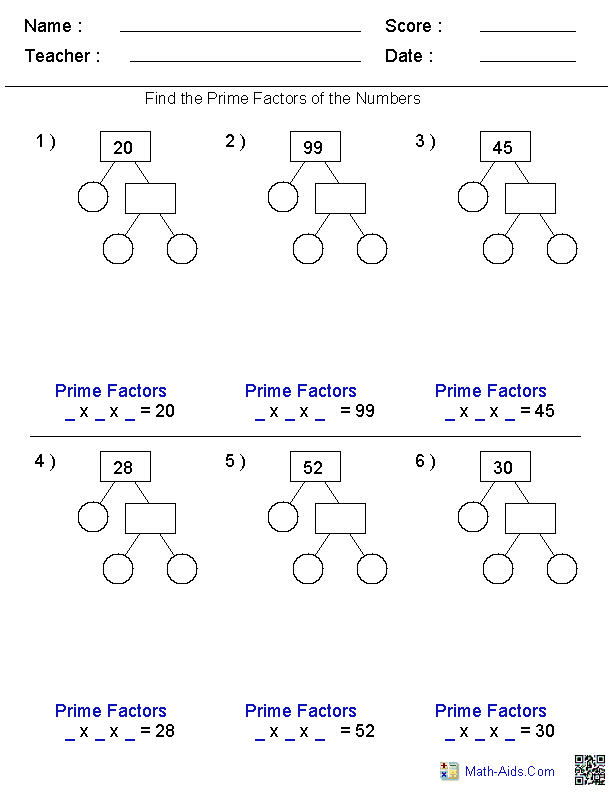 Prime Factor Trees Factors Worksheets