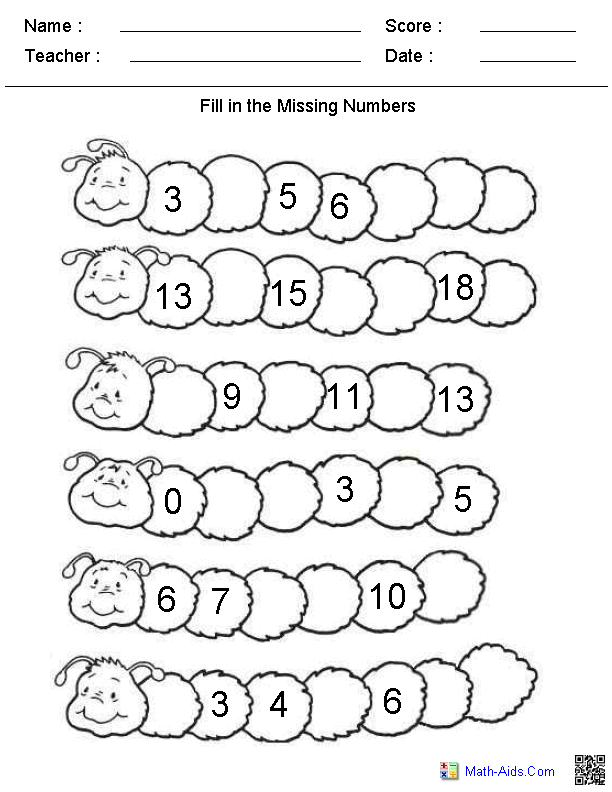 Fill in the Missing Numbers Worksheets