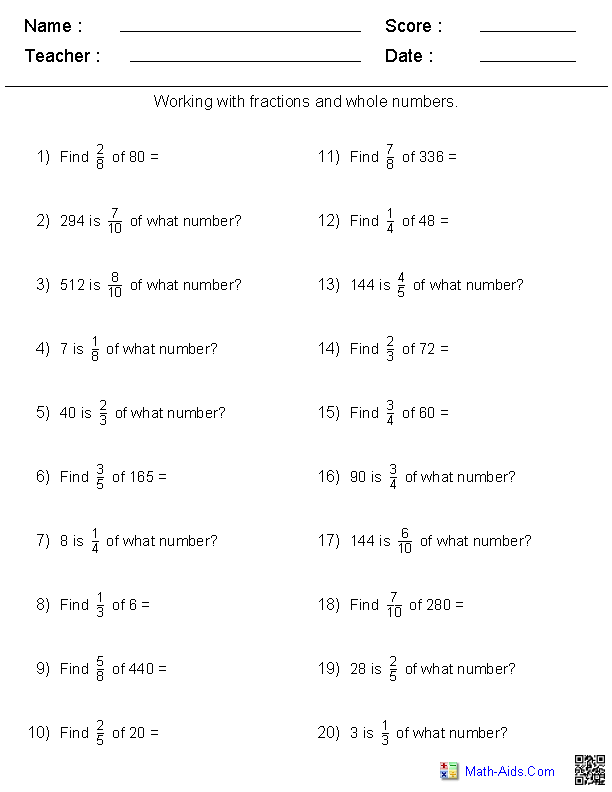 Finding Fractions of Whole Numbers Worksheets