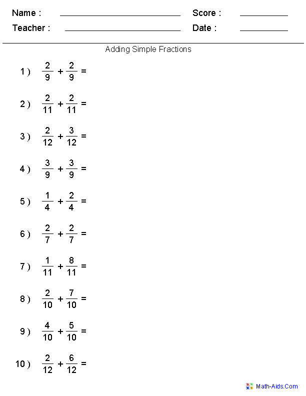Adding Simple Fractions Worksheets