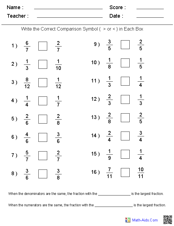 Comparison Fraction Worksheets