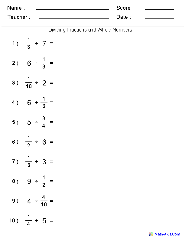 Dividing Fractions with Whole Numbers Worksheets