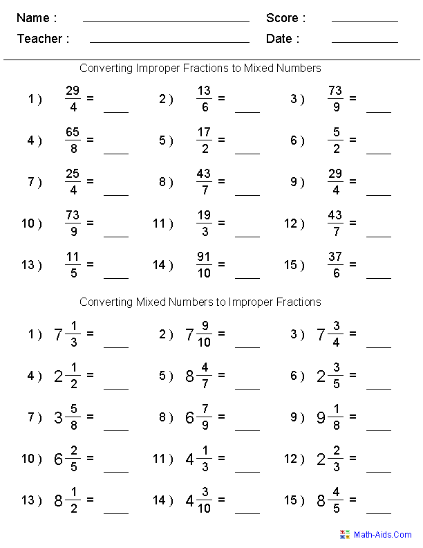 Mixed Number Fraction Worksheets