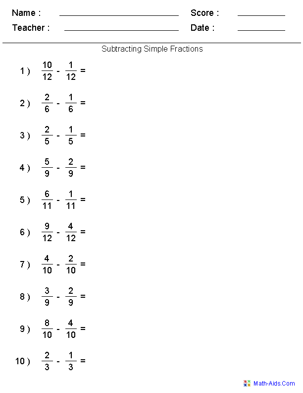 Subtr. Simple Fractions Worksheets