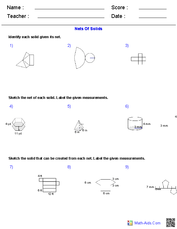 Nets of Solids Surface Area Geometry Worksheets