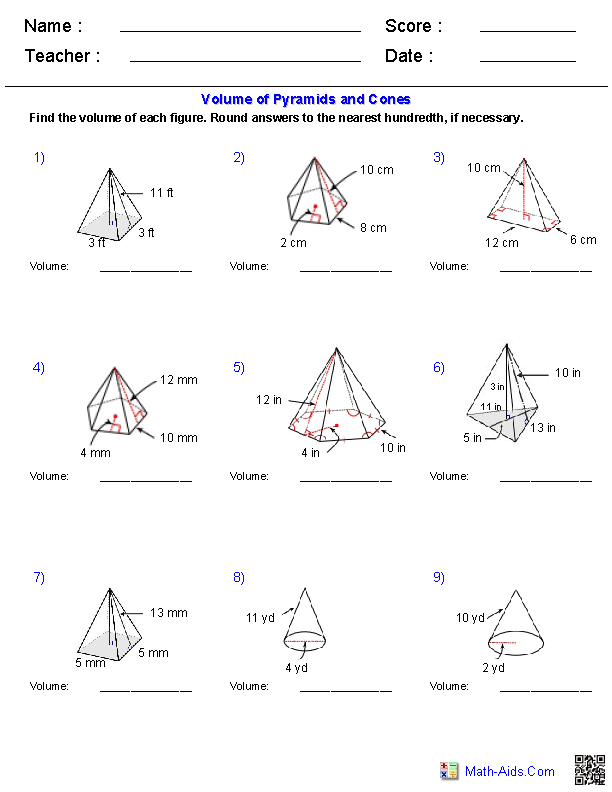 Pyramids and Cones Volume Geometry Worksheets