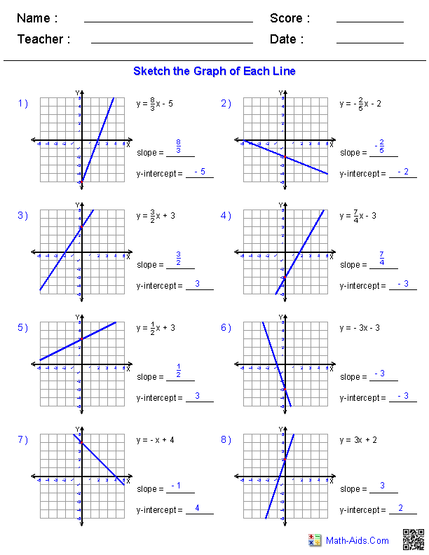 Graphing Lines in Slope-Intercept form Linear Equations Worksheets