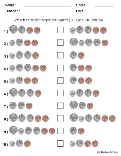 Comparing US Coins Worksheets