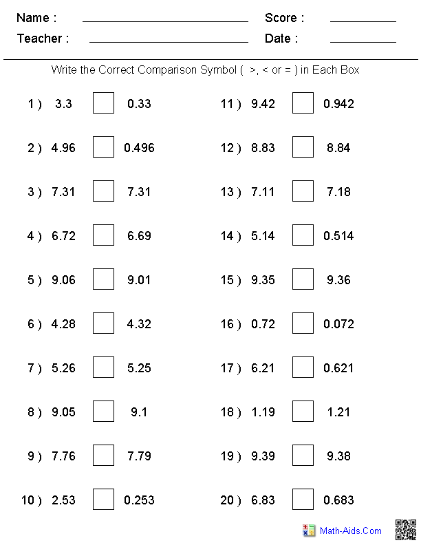 Decimals Math Worksheets