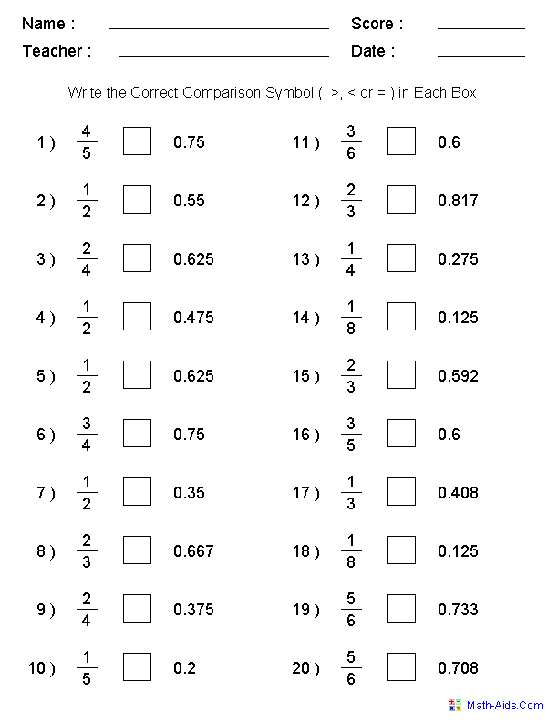 Comparing Fractions and Decimals Worksheets