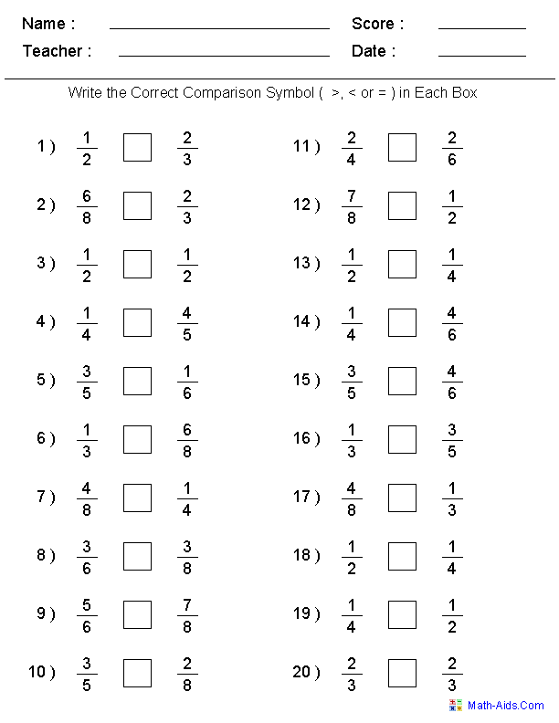 Comparing Fractions Worksheets