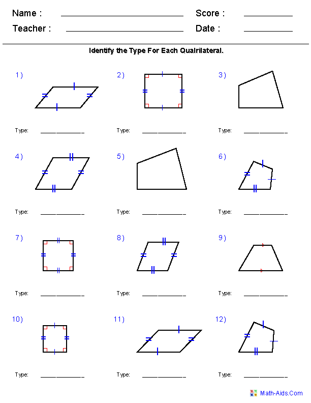 Identify Quadrilaterals Geometry Worksheets