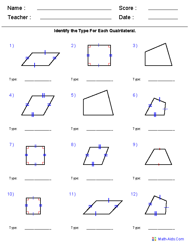 Quadrilateral Properties Chart Worksheet