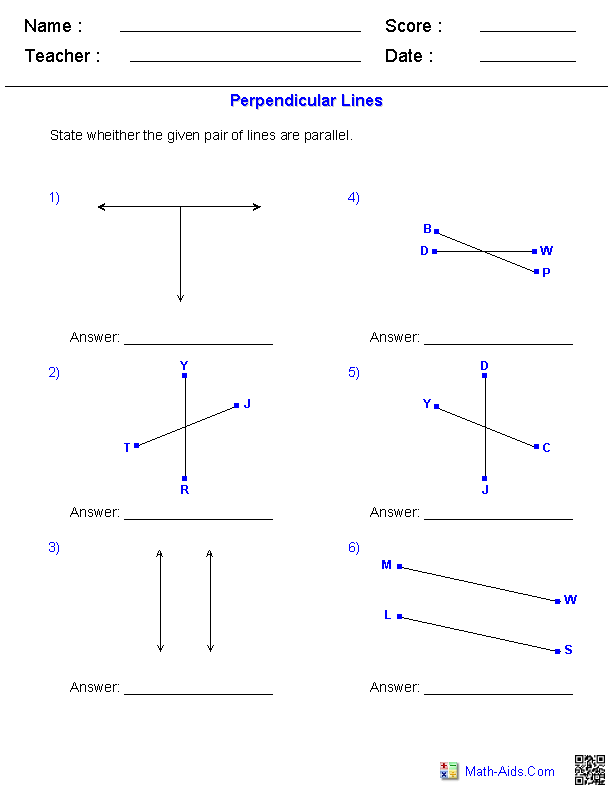 Identify Perpen. Lines Geometry Worksheets