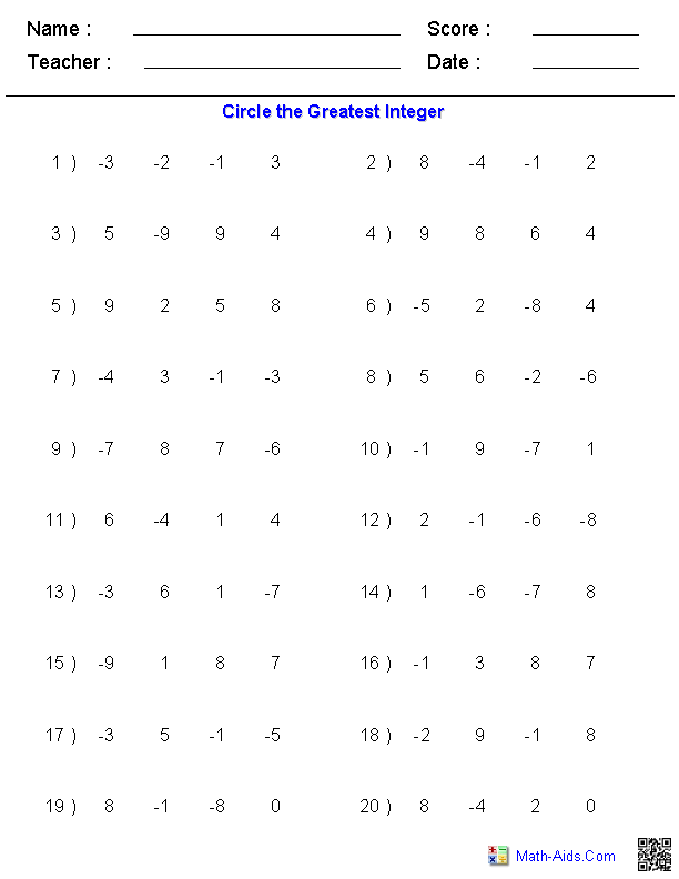 Greatest / Smallest Integers Worksheets