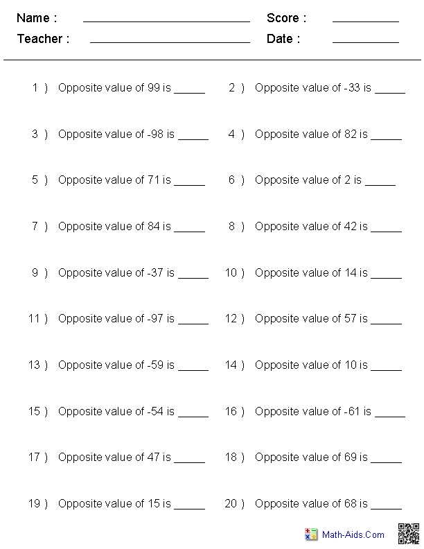 Integers Worksheets | Dynamically Created Integers Worksheets