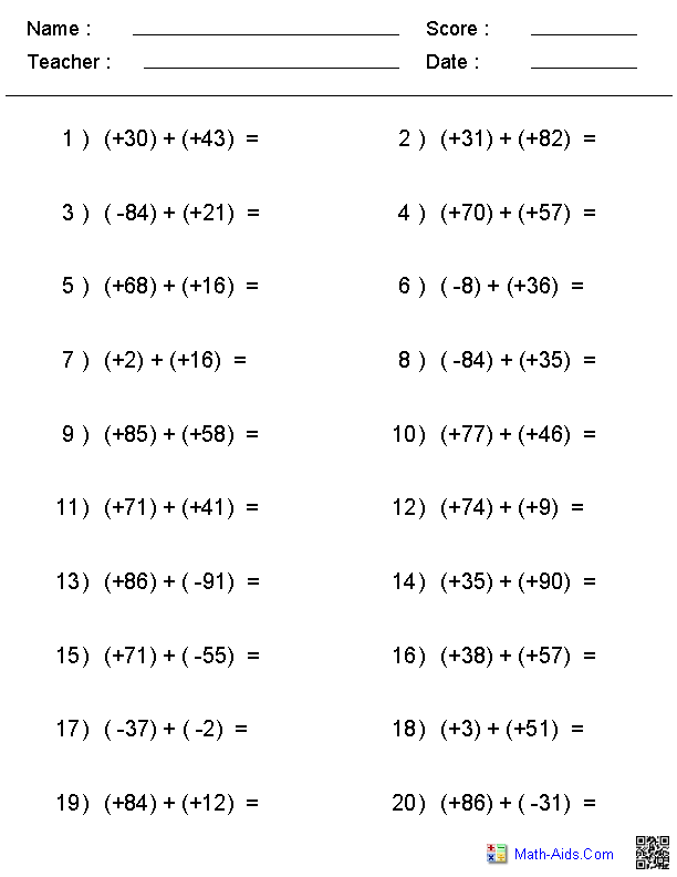 Integers Worksheets | Dynamically Created Integers Worksheets