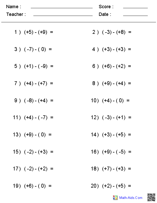 Subtraction of Integers Worksheets